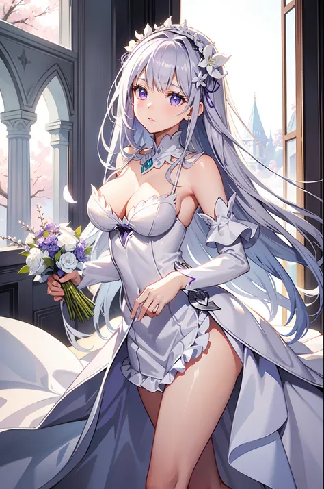 Emilia Re:Zero kara Hajimeru Isekai Seikatsu, gorgeous white and purple wedding dress, holding a bunch of flower, silk accesory, veil, grace hair style, best quality, flower flying, garden background, perfect body shape, 16k, small breast, holy and forzen ...