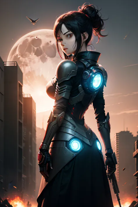 cyber punk perssonage，（attack on titans，Ackerman Mikasa），warriors，Long skirt plate armor，protective goggles，，background moon，shelmet，Women around 30 years old，Backlight，Dawn background，Facing the lens，Red style，（StarCraft，Ghost Agent）。