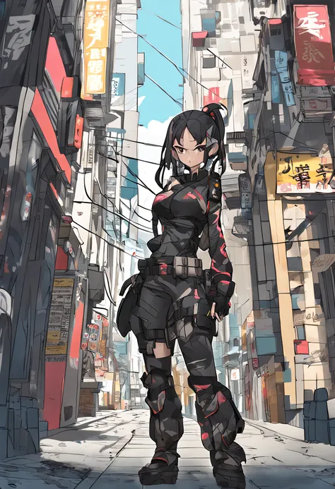 Full body like，Chinese big breasts，pony tails，black color hair，warriors，Camouflage clothes，perfect figure beautiful woman, huge tit，Highly detailed facial and skin texture，A detailed eye，二重まぶた ( City street:1.1)