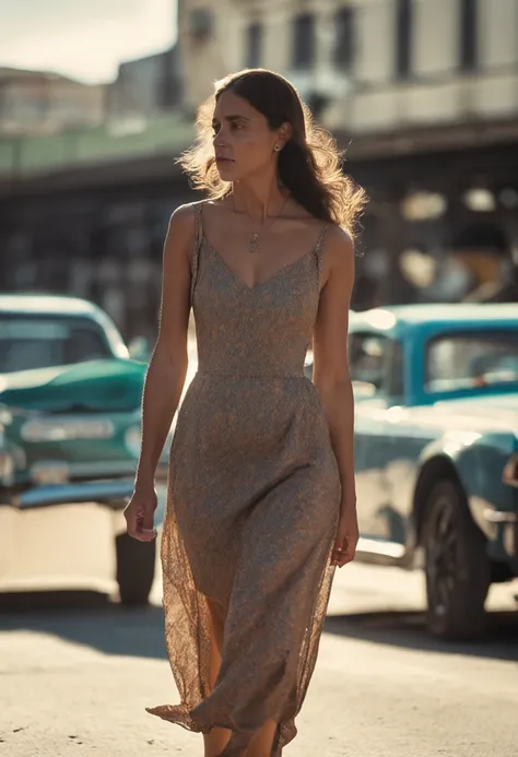 mulher gordinha com vestido longo, walking on a highway towards the sun with clear blue sky, photo taken from behind by a Sony A6400 camera with a 50mm sigma lens, fundo desfocado em um dia ensolarado