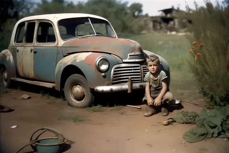 one terrified young boy wearing tattered dirty rags : post-apocalypse : wilted garden : 1950 bystander kodachrome photography