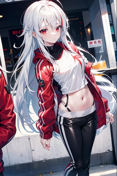 1girl,bishoujo,stare,red eyes,beautiful detailed eyes,long hair,white hair,silver_hair,Wing-like bangs,Dull hair，ahoge,Hair rings,braid, cold,cap，Bandeau，Jacket jacket，obi strip，tight leather pants，Pants in two colors，athletic sneakers，Drink drinks，looking...