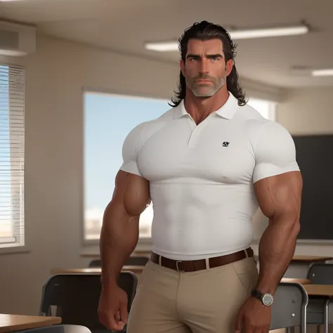 Medium dark hair , back comb hair , tan skin, dad , mature , 40years old , black polo shirt , teacher , classroom , hyper muscular , big pecs , whistle, coach , very sweaty , stern face, hairy arms , white pants, beefy, big butt, flexing biceps