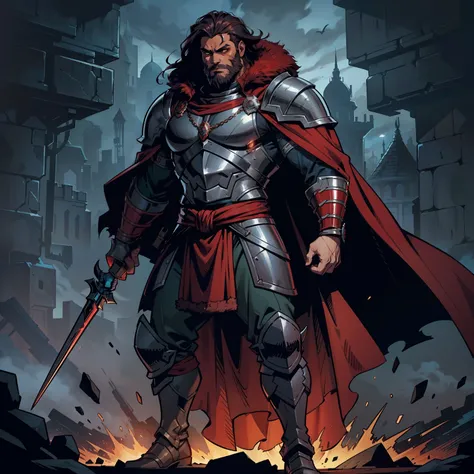 Darkest dungeon style, Sadurang from Marvel, hunk, wild mane, defined face, detailed eyes, short beard, glowing red eyes, dark hair, wearing heavy armor, cape of furs, scaled armguards, scaled sleeves, grey pants, heavy boots