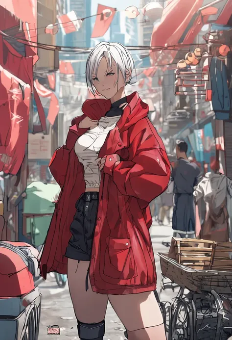 Full body like，Russia，extra very short hair，white color hair，boxer，Red cloak clothes，perfect figure beautiful woman, huge tit，Highly detailed facial and skin texture，A detailed eye，二重まぶた ( City street:1.1)