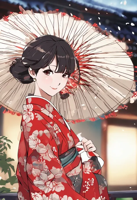 (Red yukata style with Japan floral pattern))、Looking over here、((Summer fireworks background))、Short hairstyle fluttering in the wind、Black hair、Making facial wrinkles、Teardrops、Has bangs、Take a sexy pose、I can see the side、Face Zoom、Mature mature young w...