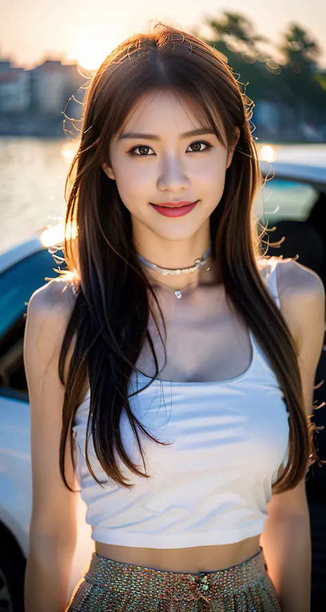 8K， RAW photos， sportrait， best qualtiy， 超高分辨率， realisticlying， 1girll， full bodyesbian， upper legs， red hair， 耳Nipple Ring，beachside，the setting sun， choker necklace， The Car， grinning smile， eyeslashes， cinmatic lighting， depth of fields， lens flare glow...