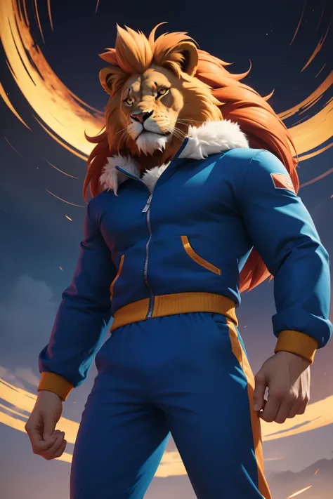 Create a Cartoon Network-style illustration of the anthropomorphic lion fused with Sonic, standing front-facing and full-length to showcase his agility and charisma. The lions mane presents multicolored tones, with violets, yellows and reds, blue, orange, ...