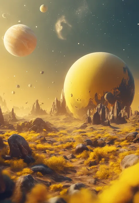 Beautiful yellow space with mysterious planets，Yellow Planet，trendding on artstation，rich colourful，A detailed，复杂，16k，romanticism lain，Beautiful fantasy landscape，Realistic and natural，Cosmos Sky，Detailed full color，naturey，high-definition photography，phot...