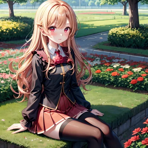 red blush、Wavy blonde hair、red eyes、Beautiful girl alone、animesque、独奏、a miniskirt、Black tights、flower  field、lonely、sitting on