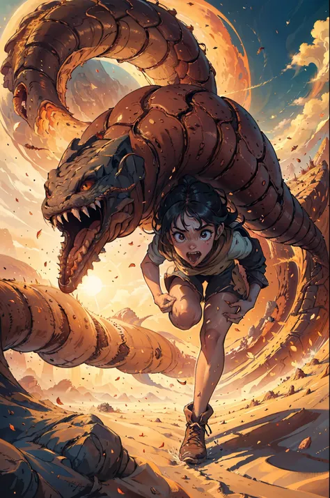 (​masterpiece:1.3),(top image quality,top-quality),8k,detailed details,(one girl frantically fleeing:1.5),(a giant earthworm-lik...