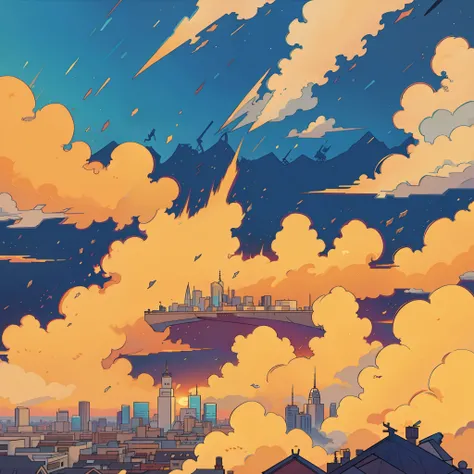 Anime Clouds, sunset sky, with city below