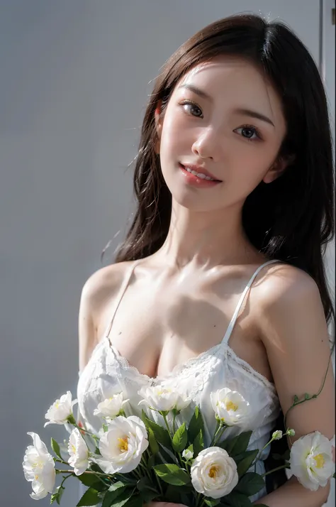 Beautiful little girl，mixed race，largeeyes，Enchanted smile，Strands of hair are clearly visible，Delicate facial features，White jade-like skin，Ultra-clear resolution for bust photos，Highest image quality，Standing in the flowers volumetric light，Contour light...