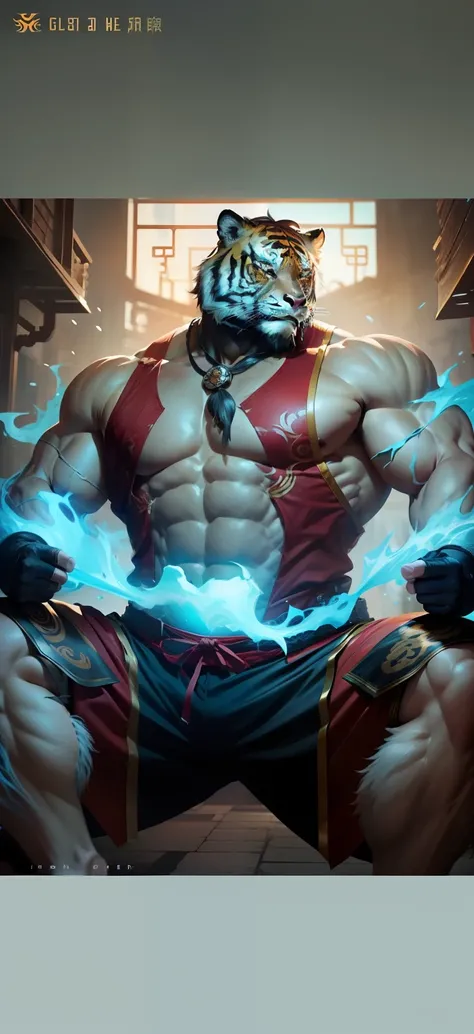 Strong male tiger man，Full of gore and masculinity，Calm and mature。Strong masculinity，Spirited。He was a stout man，It is affectionately called"amber"。He has dark cyan pupils。Full Body Furry，It does not have a human-like head，There is a tiger head，Practice m...