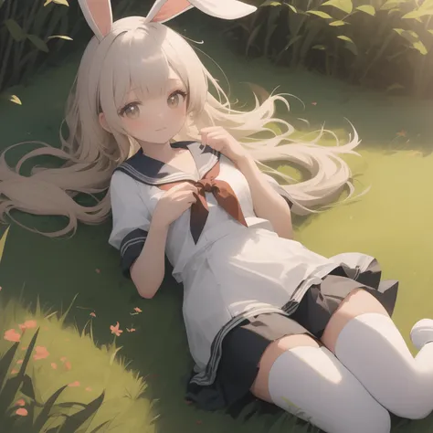 Under the setting sun，Girl on the grass，lying on the grass ground，Wear a sailor suit，White short stockings，Long white rabbit ears