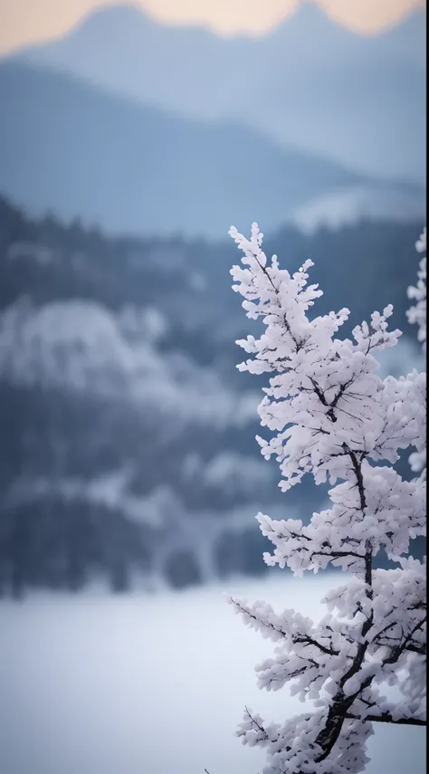 tmasterpiece，Best quality at best，high qulity，非常详细的 CG 统一 8k 壁纸，stillness，Cold climate，Peaceful beauty，snow mountains，Yuki，lakes，Winters，tree branch，Bokeh，Depth field, hdr, full bloom, color difference, Photorealistic, Extremely detailed, Popular on artsta...