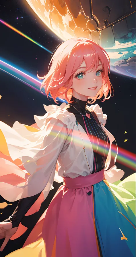 (Masterpiece), (Best quality), (Very detailed), 1920s movie poster, scifi, colorful, neon colors, masterpiece, best quality, movie still, 1girl, pink hair, long flowy dress, flying through space, space, planets, (close-up:1.1), bright, happy, fun, rainbows...