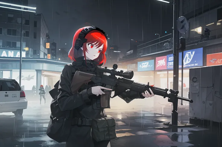 redhead girl in tactical dark combat helmet