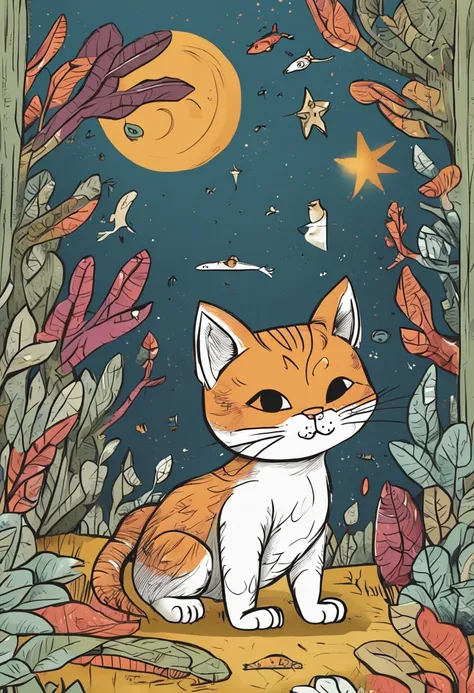 desenho de gatinho, personagem livro infantil, explorando quintal