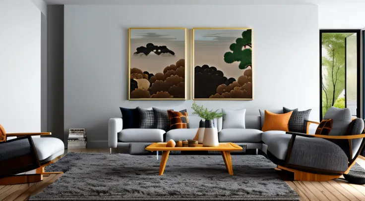 Generate an artistic visualization of a Japandi-inspired living room, seamlessly merging Japanese Zen aesthetics with Scandinavian coziness through AI art.