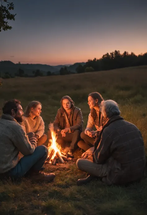 long shot, nighttime scene, wide plane nature, dark sky, adventurous camping, four people including Two men and two women sitting on the ground, engrossed in conversation, illuminated by the warm flicker of a campfire, drinking tea, vintage vibes and warm ...