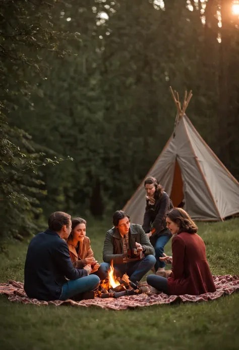 long shot, nighttime scene, wide plane nature, dark sky, adventurous camping, four people including Two men and two women sitting on the ground, engrossed in conversation, illuminated by the warm flicker of a campfire, drinking tea, vintage vibes and warm ...