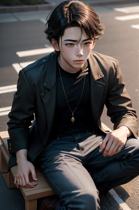 A decadent young man sits on the ground。