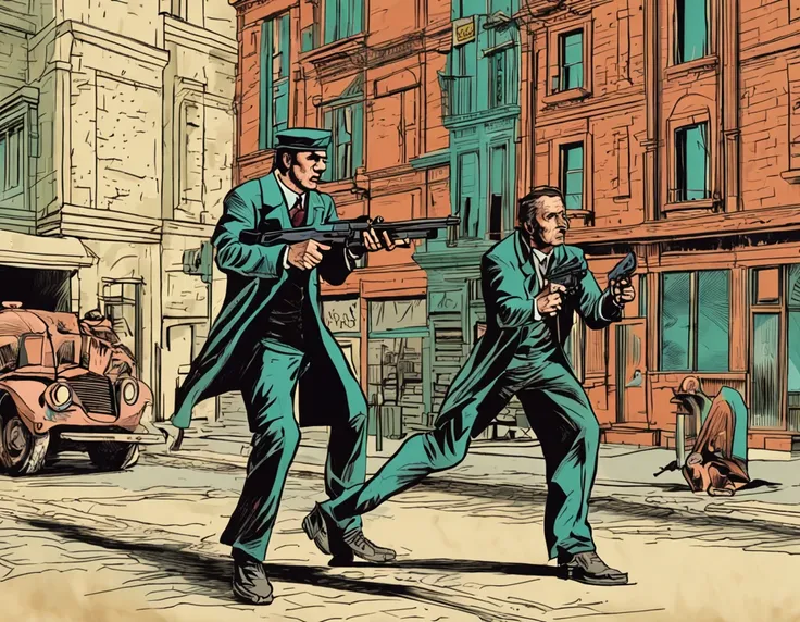 Drawing - Two gunmen dueling in the street, facing each other, Keeping their distance - realism - Cinematographic - Color -- ar 16:9