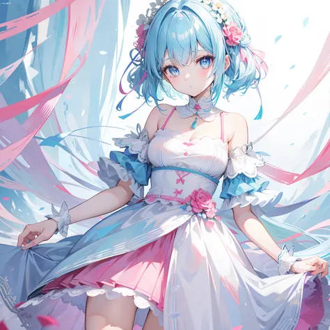 Short light blue hair，Light blue pupils，There are some pink ornaments，Soft girl in dress