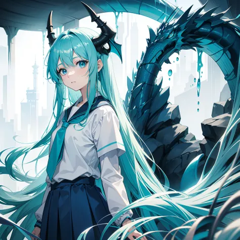 Cyan blue, the color of a stream, long hair，Pale orange eyes，Turquoise blue school uniform，The hairstyle resembles that of a dragon，Three-seven hair curtain，Indifferent eyes