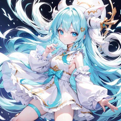 Milky long-haired milk，White clothes，Hu Hu is a very cute face，This is a cute sweet girl，Cyan eyes，bit girl，Poor milk，White color hair，There are dragon horns on the head