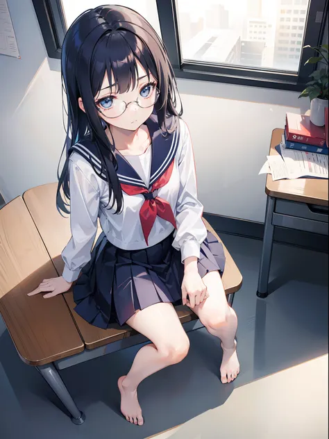 1girl, skirt, sit on very small desk, navy long curvy hair, big round glasses, pretty, flat expression, limp face, low angle, perspective, looking down, Giantess, between legs, below feet perspective