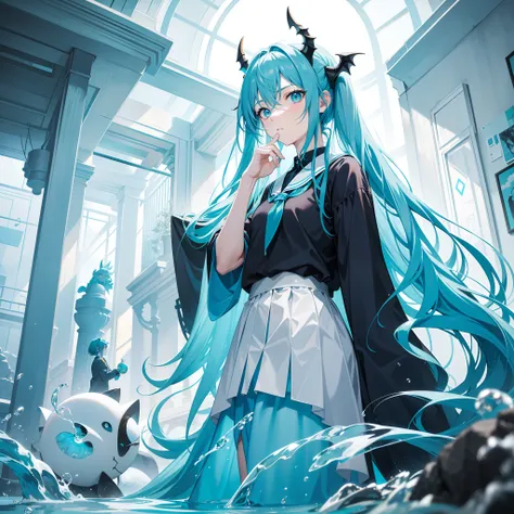 Cyan blue, the color of a stream, long hair，Pale orange eyes，Turquoise blue school uniform，The hairstyle resembles that of a dragon，Three-seven hair curtain，Indifferent eyes