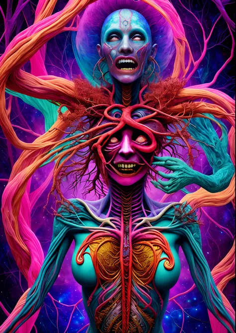 psychedelic, intricate, hyper detailed, artistic, full body view female figure,  boobs,anatomy, portrait, veins and arteries, scary, turning into cosmic ashes, body horror,screaming, with flesh.horror effect with colorful scremming.