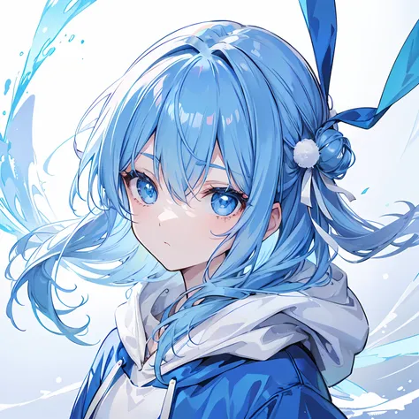 1girl,light blue hair,blue eyes,hair ribbon,blue and white hoodie,winter,looking at viewer,profile picture