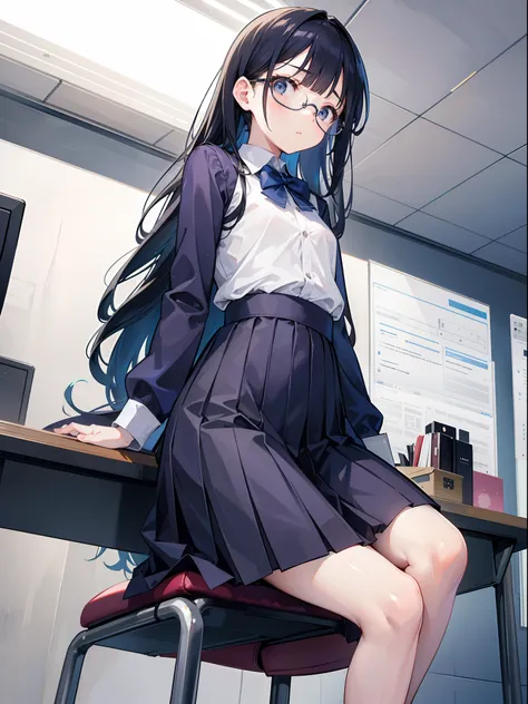 1girl, skirt, sit on very small desk, navy long curvy hair, big round glasses, pretty, flat expression, limp face, low angle, perspective, looking down, Giantess, between legs, below feet perspective