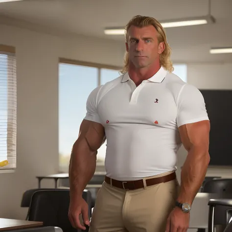 Medium blonde hair , back comb hair , tan skin, dad , mature , 40years old , black polo shirt , teacher , classroom , hyper muscular , big pecs , whistle, coach , very sweaty , stern face, hairy arms , white pants, beefy, big butt, flexing biceps