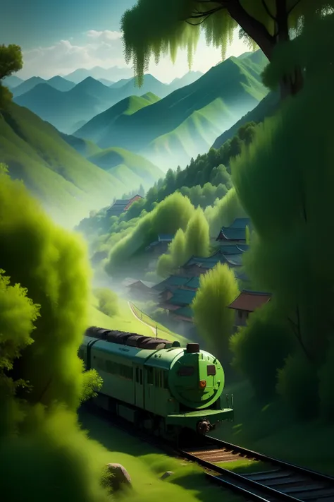 The green train spers into the distance