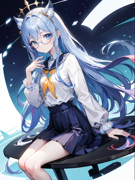 1girl, skirt, sit on very small desk, navy very long curvy hair, big round glasses, pretty, flat expression, limp face, low angle, perspective, looking down,cetus,coda, multicolored hair, sky blue eyes, light particles, wallpaper, princess crown, beautiful...