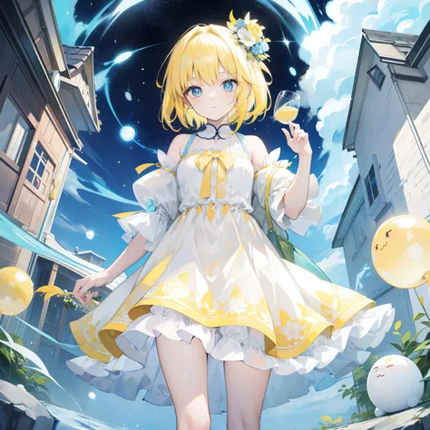 Short bright light yellow hair，Pale yellow pupils，There are some light blue ornaments，Cute and cute girl，shift dresses