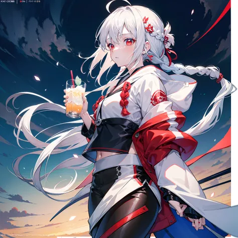 masterpiece,(bestquality),highlydetailed,ultra-detailed,cold,solo,1girl,bishoujo,stare,red eyes,beautiful detailed eyes,long hair,white hair,silver hair,Wing-like bangs,Dull hair,ahoge,Hair rings,braid,cap,Bandeau,Jacket jacket,obi strip,tight leather pant...