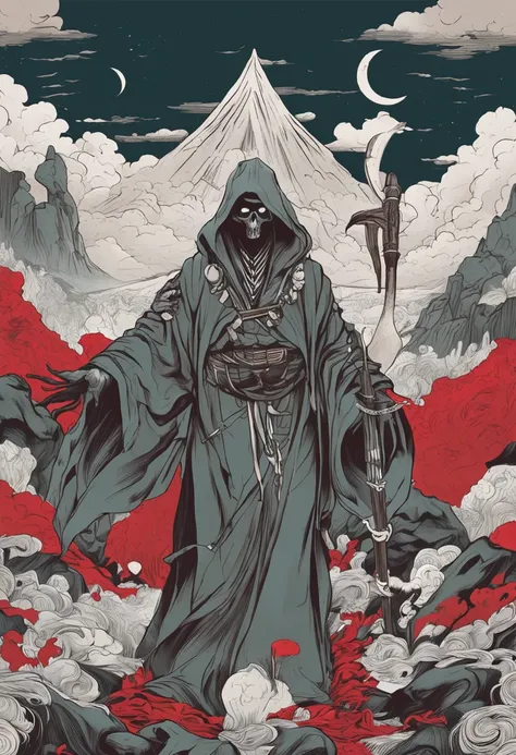 Reaper in，scyscraper，Taoist robes，cultivating immortals，water ink，High hills，self-assured，Fairy wind road bone，Blood flows in the background