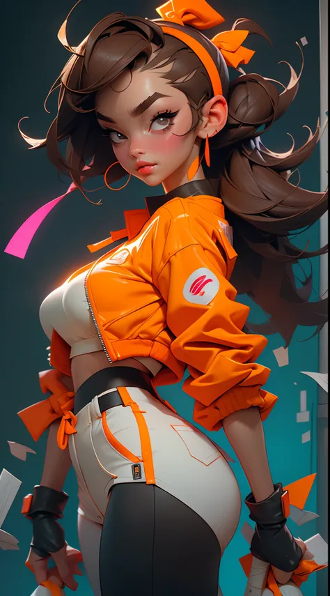 （（best qualtiy）），（（tmasterpiece）），（（Realistis））Hyper-detail photography posing from behind with book kid wearing neon headphones。Shes having（（brunette color hair）），Wear an orange tech jacket，Exuding（（Beauty and aesthetics））The atmosphere。Bigchest，Large bre...