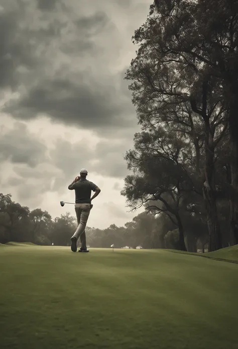 medium shot dslr photo of a golfer walking down a fairway wearing golf clothes, the sky has rain clouds, there is a tall male figure in the distance on the left side of the frame looking down at him