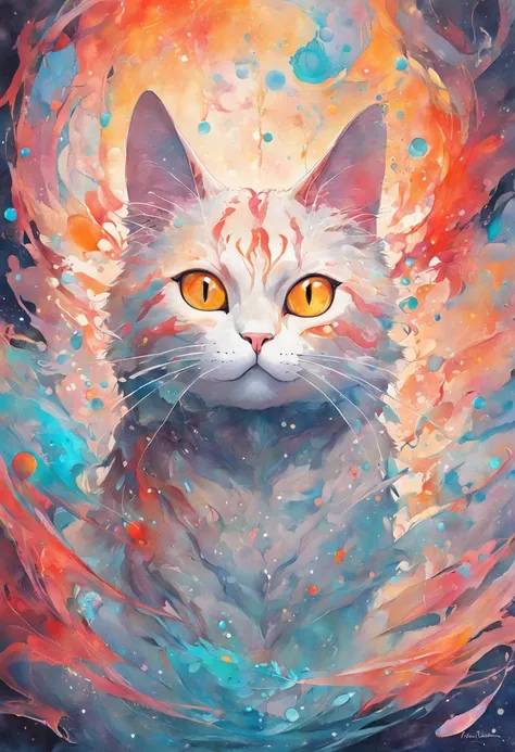 Illustration of an extremely beautiful cat in contemporary figurative diconstruction art, delicate hues, tiny BUBBLES, transmission fluid,oil,triadic alcohol ink marbling, acrylic DUTCH pour painting style by artist Carol Cavalaris ,Tara Turner, Marieka Di...