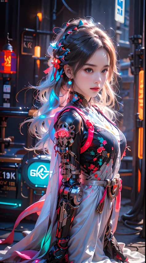 1 girl solo, perfect_hand, (8k, RAW photo, best quality, masterpiece:1.2), (realistic, photo-realistic:1.4), (extremely detailed CG unity 8k wallpaper),full body, (neon lights), machop, mechanical arms, hanfu, Chinese clothes, dress,