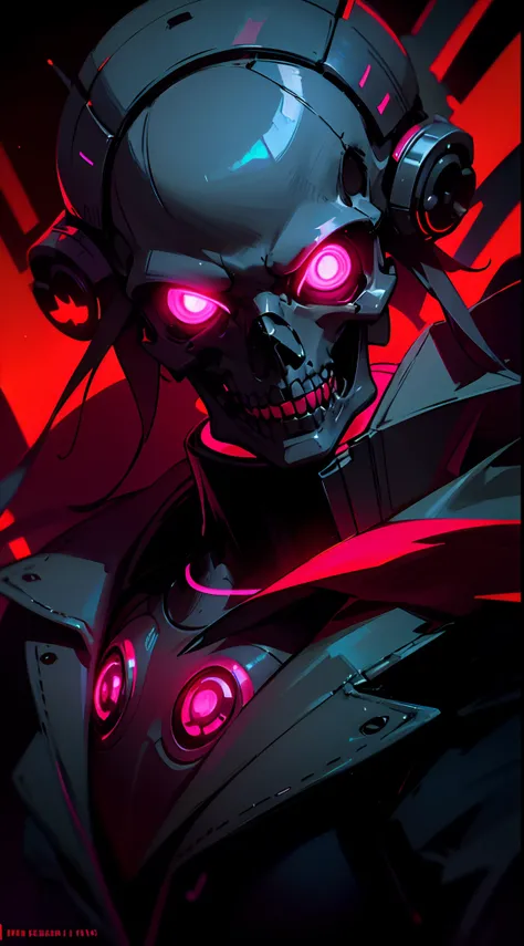 Cyberpunk punk skull in a background filled with darkness, neon red eyes highlighting its color above the others as if it were glowing brightly. Dark image background