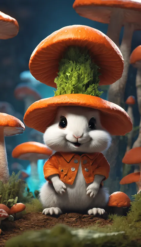 adorable creature，Similar to a rabbit and carrot mix, Adorable, Cute, Furry, Fluffy, forest, Mushrooms, Wear a mushroom hat