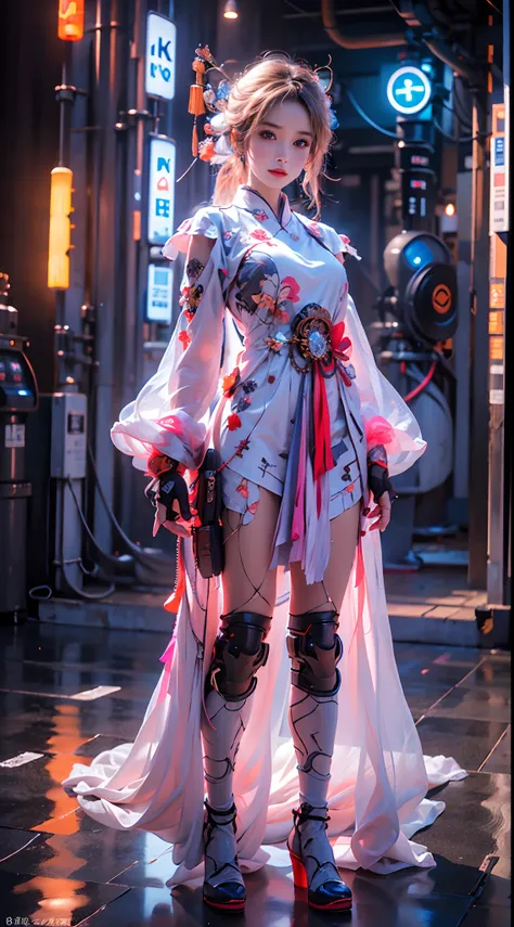 1 girl solo, perfect_hand, (8k, RAW photo, best quality, masterpiece:1.2), (realistic, photo-realistic:1.4), (extremely detailed CG unity 8k wallpaper),full body, (neon lights), machop, mechanical arms, hanfu, Chinese clothes, dress,