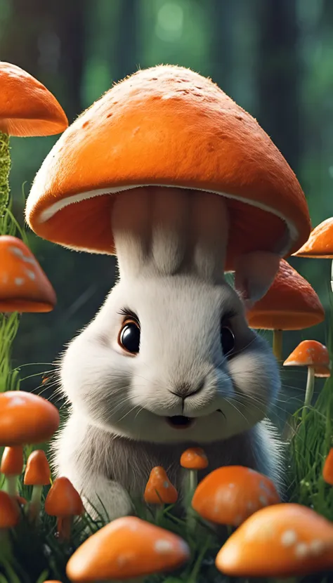 adorable creature，Similar to a rabbit and carrot mix, Adorable, Cute, Furry, Fluffy, forest, Mushrooms, Wear a mushroom hat